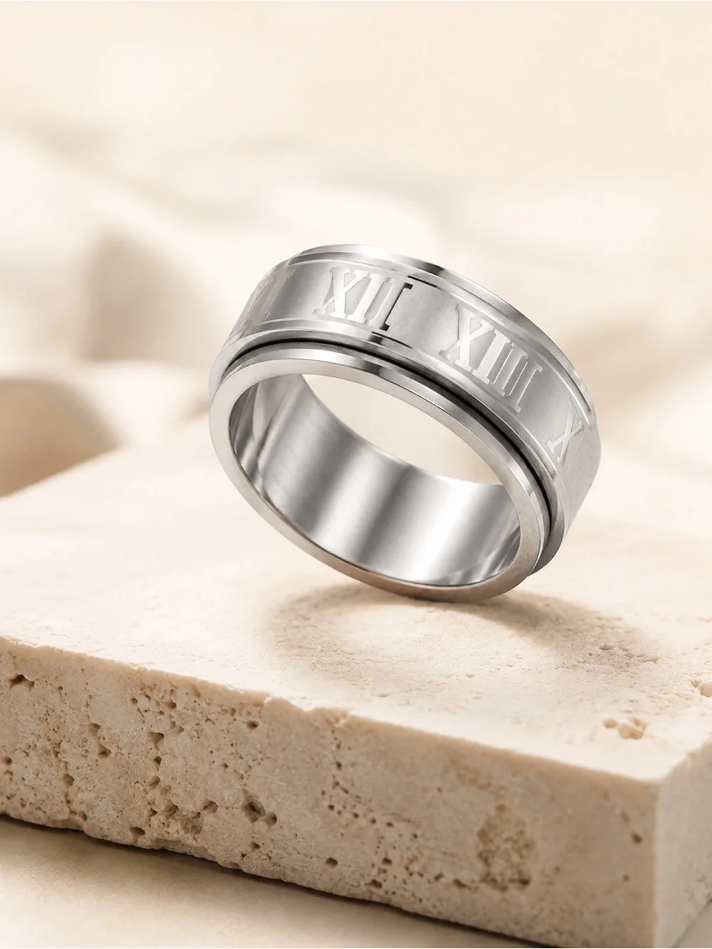 Stainless Steel Roman Numeral Spinner Ring Silver Tone Size 6